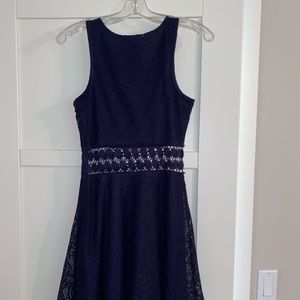 Navy Blue Lace Dress with See Thru Panel